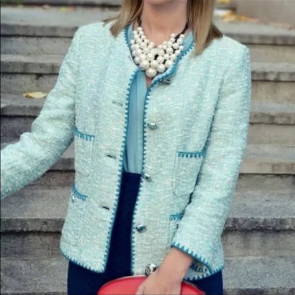ZARA BLUE ECRU CONTRAST BLAZER TWEED WEAVE JACKET COAT SIZE S NEW - Picture 2 of 13